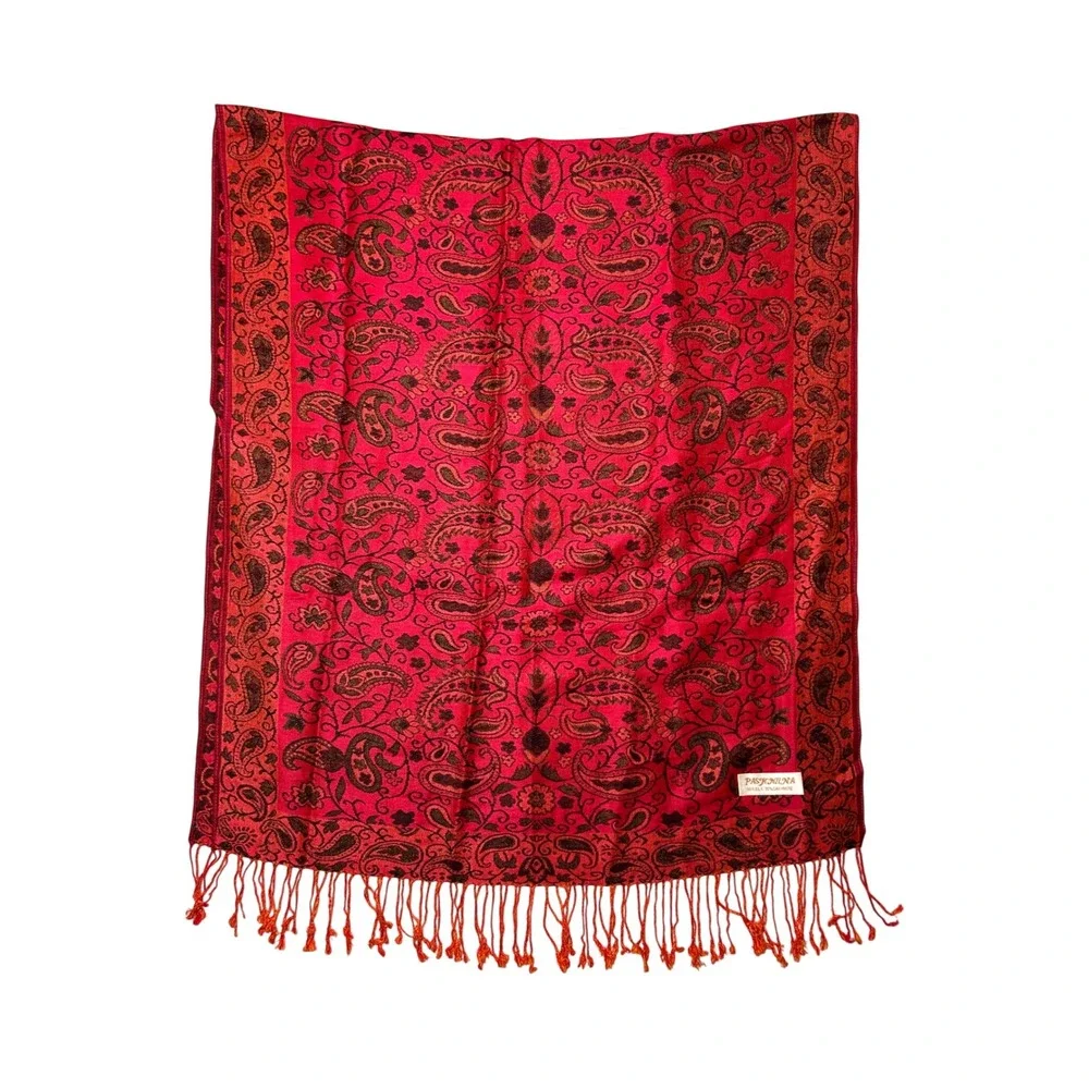 Pashmina Red Orange Paisley Silk Cashmere Blend Fringed Shawl Wrap Scarf Elegant